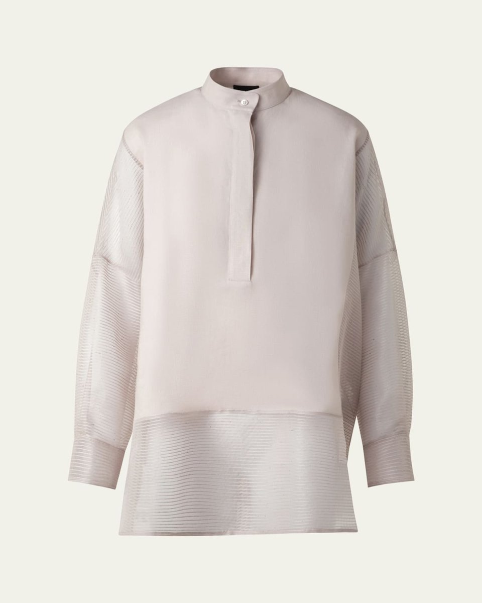 Mixed-Media Linen Toile Striped Organza Tunic Blouse